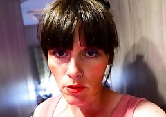 Pink labia close up of naive brunette playing with her name