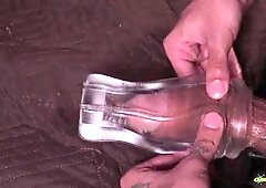 Meaty Wooly Pipe Dad Penetrating a Semi-transparent Fleshlight and Cramming It with Jizm