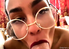 Tan brunette sucks a big cock POV