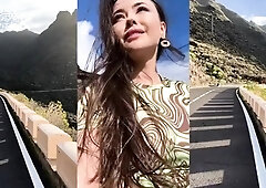 Exotic beauty flashing her perfect tight cunt outdoors