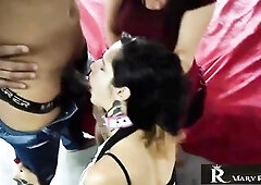 The nasty maid takes the job test in couch with her boss and the security guard