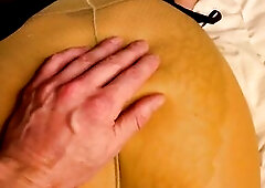 Mrs Sperm milks her husbands dong with her nylon feet and make him cum on her tan hose booty