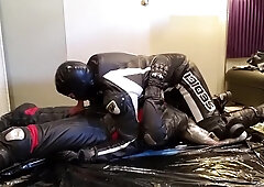 Two gear head in full leather tracksuit - BJ, edge, suck, 69
