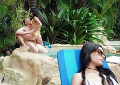 Slender Horny Babe Rides Her Neighbor By The Pool