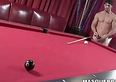 Attractive jock plays pool before stroking his big hard cock
