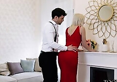 Hot Nympho Claire Roos Orders Recent Costume From Her Tailor So This babe Can Tease Him To Have Sex