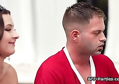 Bikini gfs seducing shy dude into a foursome