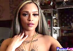 Hot inked latina biker babe Londyn Chanel  with natural tits in sexy leather outfit is posing on her motorcycle The nasty babe looks seductively intro