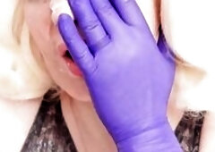 Sucking a vibrator in medical gloves, cum on the face! Arya Grander
