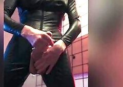 Trans Gal in Leather Catsuit jerks off - deleted scenes