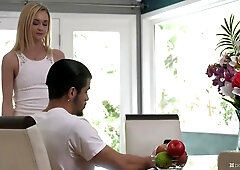 Skinny blonde Kenzie Kai gives a passionate handjob before taking cumshot on face