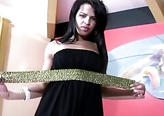 Awesome brunette shemale loves playing with her boner in bed