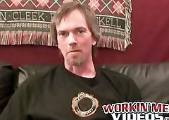 Hairy amateur jerks off and cums naked after an interview