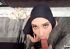 Busty brunette babe in Hijab sucks and rides dick POV