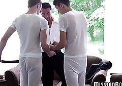 Mature Mormon barebacks two twinks after they suck him off