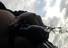 Pissing with a cage and tied tits