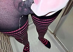 Fat Sissy Piss and Cum in Pantyhose and Thigh Highs