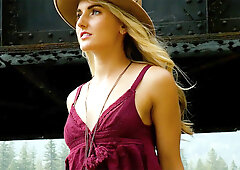 Sweet blonde musician posing outdoor & exposed satisfying natural body