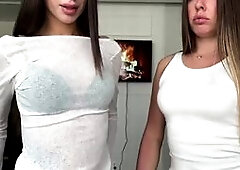 Sexy Brunette Duo Teasing and Stripping Together