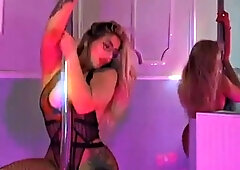 Big ass blonde in fishnet pole dance and striptease!