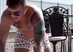 Gay Step daddy asks poolboy to oil his back then fucks him