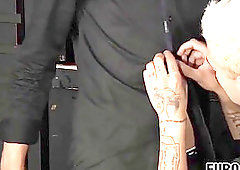 Tattooed blond queer spunks after a rock-hard ass pounding