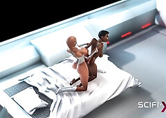 Female sex android plays with a sexy ebony in the space station