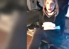 Sexually excited transsexual screws herself passionately and with all her might with a massive sextoy