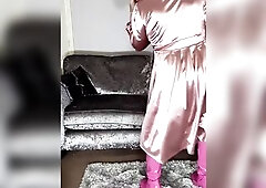 Sexy tv crossdresser Nottstvslut in pleated satin pink costume and sexy pink boots.