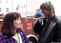 Picked up unshaved-vagina granny rides his large knob