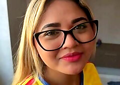 Nice-looking woman with glasses loves to drink shlong