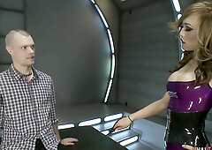 Asian T-girl in latex sucks shaft to slave