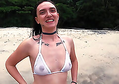 Alice Kink taking her micro bikini off at the public beach - SP