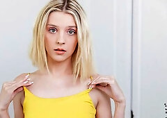 Flexible blonde girlfriend Maria Anjel stimulates her shaved pussy