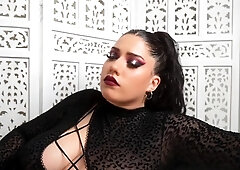 Busty curly brunette with big boobs fucks on couch