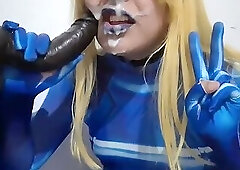 Cute Trans Samus with BDSM Nosehook giving a Sloppy Blowjob to BBC Dildo, Deepthroat, Facial Fuck
