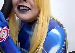 Cute Trans Samus with BDSM Nosehook giving a Sloppy Blowjob to BBC Dildo, Deepthroat, Facial Fuck