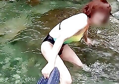 Playful crossdressing shemale cutie teases with her slender body outdoor