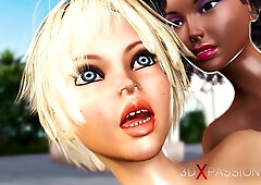 Hot sex in L.A. Sexy ebony dickgirl plays with young blonde in luxurious villa