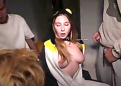 Three guys with huge cocks persuade a girl at a party to take all their big cocks in every hole
