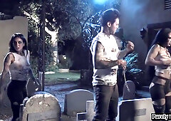 Redhead Awakens Her 3 Undead Friends And Gets Fucked By