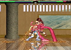 Animated fighters clash in a steamy threesome inside a digital arena