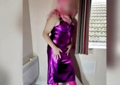 Hawt pink sissy crossdresser tv cumslut Nottstvslut clothed like a doxy shiny iron purple costume knee high pink pvc boots.