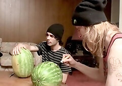 Inked straight guys have fun with watermelons until they blow their load
