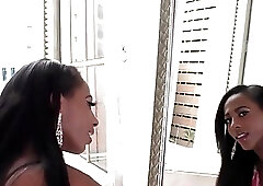 Lavish ebony shemale with big tits strips and jerks off