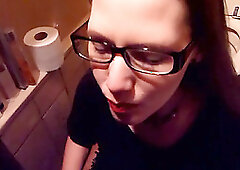 Nerdy librarian with glasses loves to drink piss