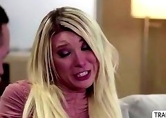 Beautiful trans Aubrey Kate teases and pumps her erect dick reaching orgasm