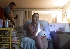 Roommate masturbating to glamorous angel in minidress painting her nails and watching tv