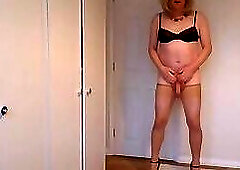 Pink uniform, pantyhose and black bra strip