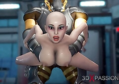 Shaved sci-fi babe in tight spacesuit takes deep anal and throat pounding from masked alien commander at Mars base camp